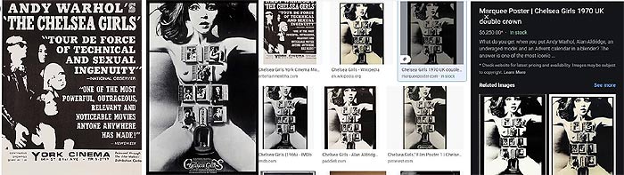 images strip with frames and adverts for The Chelsea Girls by Paul Morrisey and Andy Warhol - click to enlarge in separate window