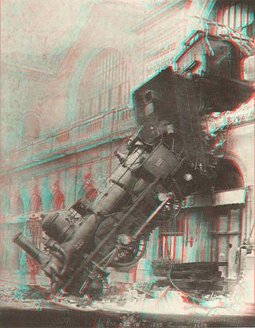 Train through the Montparnasse Station Paris 1895 in anaglyph 3D