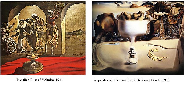click to enlarge 'Bust of Voltaire' and 'Apparition on a beach' by Dali