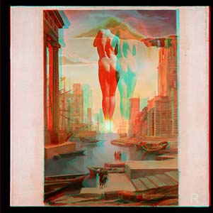 Color  anaglyph of paintings Dalí's hand drawing back the Golden Fleece in the form of a cloud to show Gala, completely nude, the dawn, very, very far away behind the sun by Salvador Dali - click to enlarge