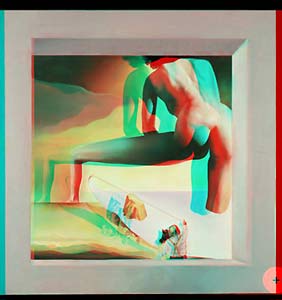 Color  anaglyph of paintings Dalí lifting the skin of the Mediterranean Sea to show Gala the birth of Venus  by Salvador Dali - click to enlarge