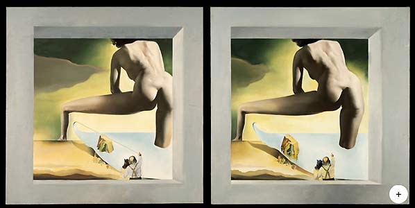 Stereo paintings side by side, photo of 'Dalí lifting the skin of the Mediterranean Sea to show Gala the birth of Venus' by Salvador Dali  - click to enlarge