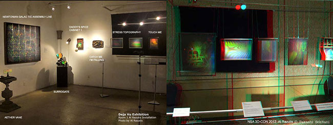 click for enlargement - Exhibition of holograhic art by Al Razutis at Deja Vu 2010, and at NSA 3D-Con convention in 2012 in California