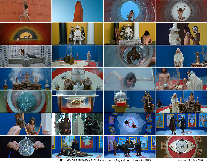 Panel of frames from The Holy Mountain, ACT 2 Section 1 by Alejandro Jodorwsky - panels assembled by XAR 2020 as credited - click enlarge in separate window
