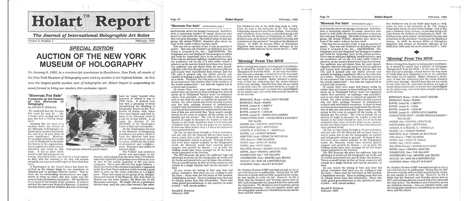 Articles on the bankruptcy auction of the Museum of Holography, NYC -- click to enlarge in separate window