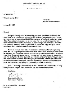 1977 correspondence Posy Jackson Shearwater Foundation and Al Razutis announcing award - click to enlarge