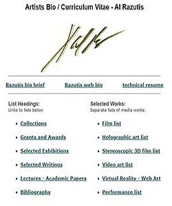 list of art works  by Al Razutis in ALL medias,  placed in exhibition or publication