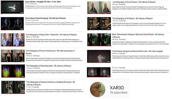 XAR 3D video channel of Al Razutis presenting holographic subjects and artists in anaglyph 3D video clips