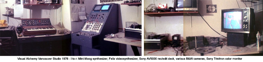 panorama of Visual Alchemy 1976 video studio with synthesizers and monitors
