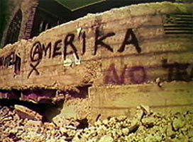 Film frame from 'AMERIKA' by Al Razutis with filml logo 1983