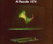 click to enlarge photo of animated spatially-multiplexed laser transmission hologram by Al Razutis - 1974 - collection of Ontario Science Centre