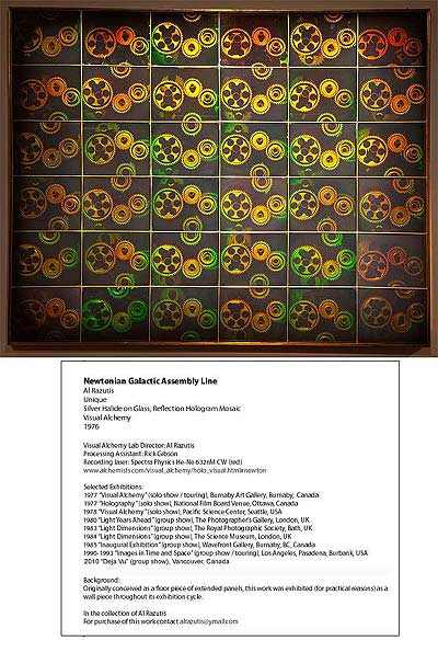 Newtonian Galactic Assembly Line holographic work by Al Razutis 1974 - exhibition card with list of past exhibitions -- click enlarge