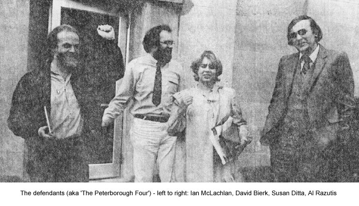 defendants, aka Peterborought Four, Ian McLachlan, David Bierk, Susan Ditta, Al Razutis - undated newspaper photo