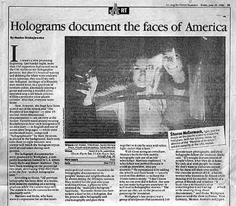 click/enlarge - Los Angeles Herald Examiner 1984 story on Sharon McCormack holography on Peoples of Los Angeles