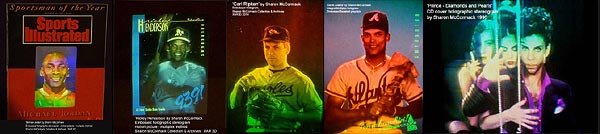 click/enlarge - sports figures - Michael Jordan on cover of Sports Illustrated, baseball cared,  and Prince CD cover multiplex holograms embossed on on foil in the archives and collection