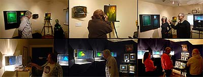 Collage of pictures from past holographic exhibitions at Visual Alchemy installed by Al Razutis - link to sales page