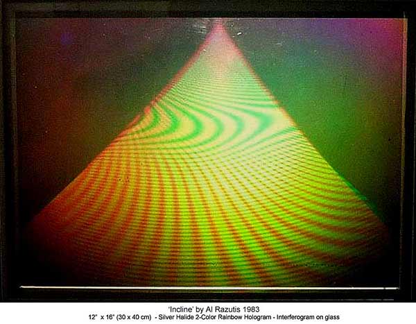 Incline - two color rainbow interferogram by Al Razutis 1983 - click for full exhibition card with details, credits, exhibition list